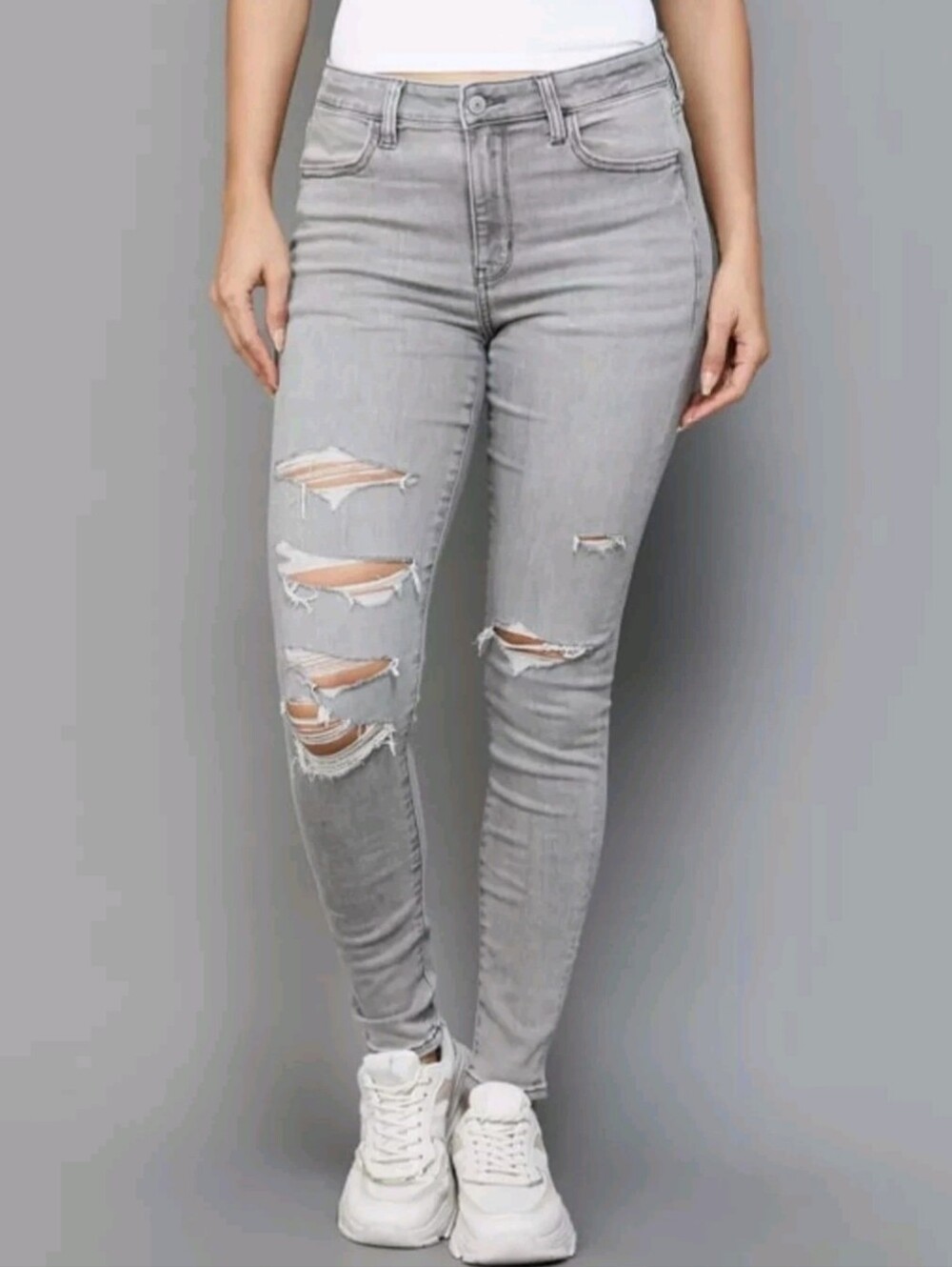 American Eagle Womens Light Gray Ripped Hi Rise Skinny Jeggings Size 0 Short